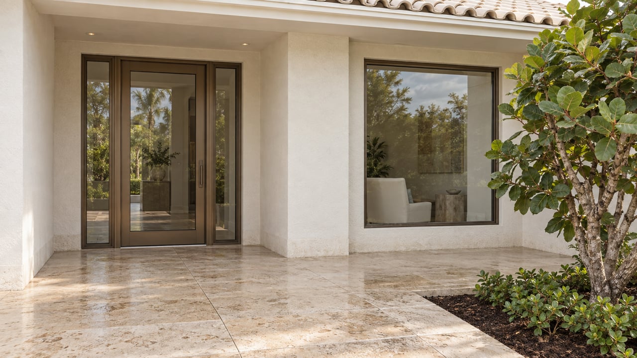 Covered cream-stucco entry with bronze-framed glazing, shell-limestone paving and a sculptural sea grape tree after rain.