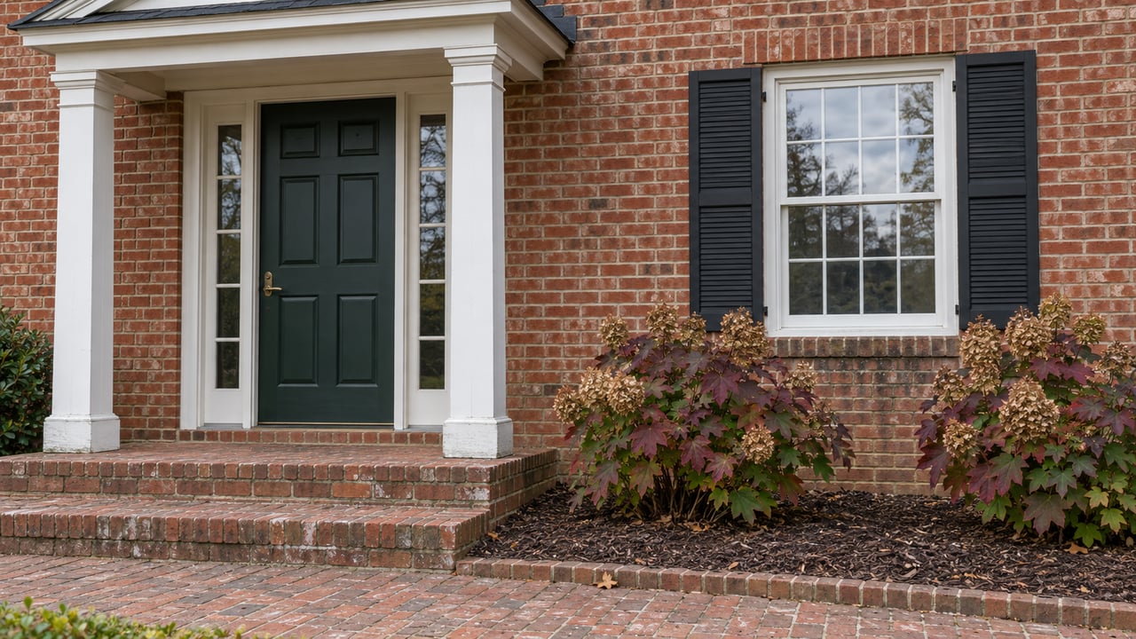 Brick home entrance with a white columned portico, dark green door and autumn oakleaf hydrangeas.