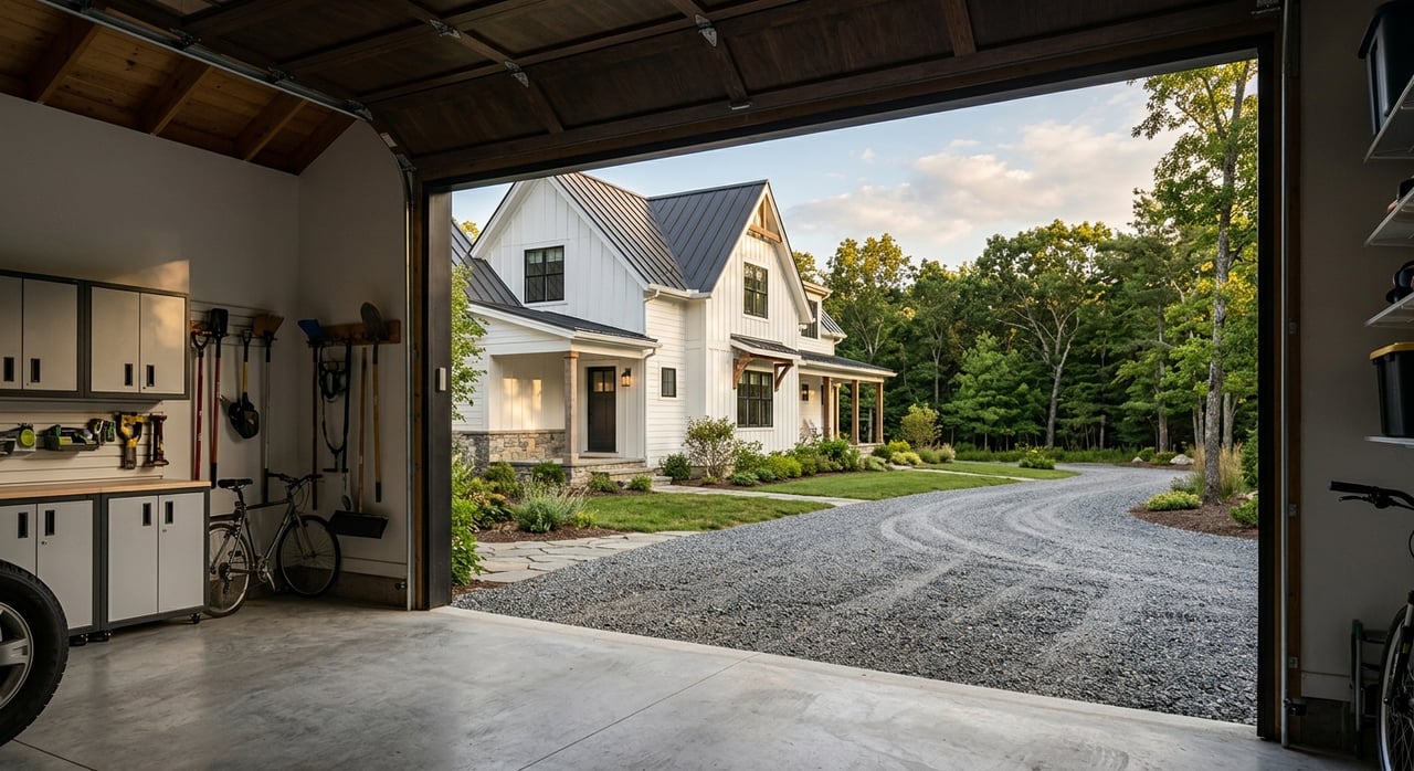 Open garage with a tidy shelf, coiled green hose, and gravel driveway leading toward a tree-lined yard.