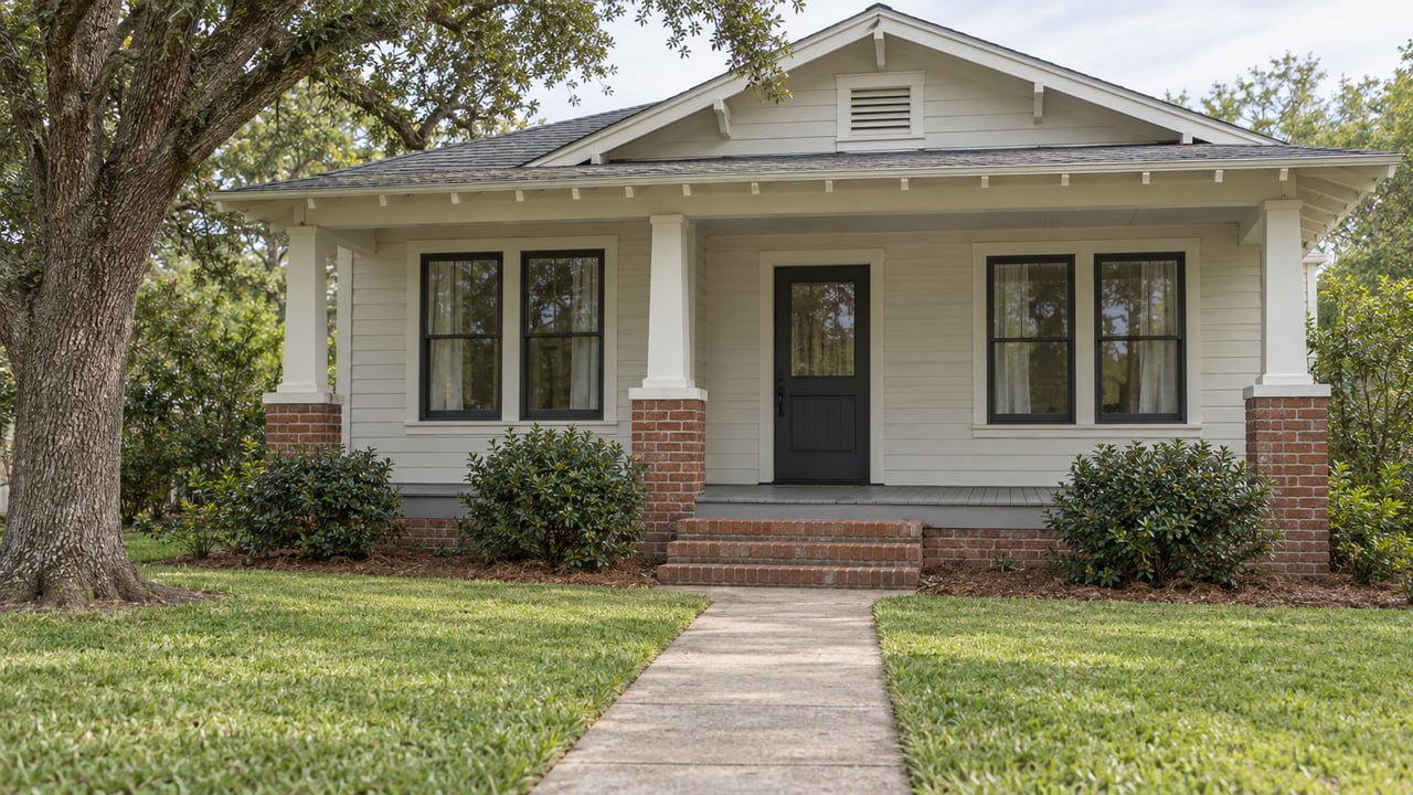 Off-white bungalow with a covered porch, paired windows, brick steps and a concrete walk through a deep front lawn beneath a spreading live oak.