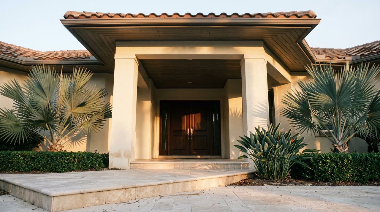 Cream stucco entry with dark double doors, terracotta roof tiles, travertine steps, and palms flanking the walkway.