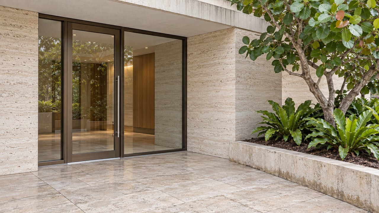 Glazed residential entrance beneath a cream concrete canopy, framed by pale travertine and a raised bed with a sea grape tree and bird’s-nest ferns.