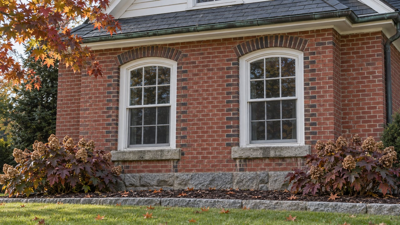Two arched white-framed windows in patterned red brick, above a granite foundation and oakleaf hydrangeas, with autumn maple leaves overhead.