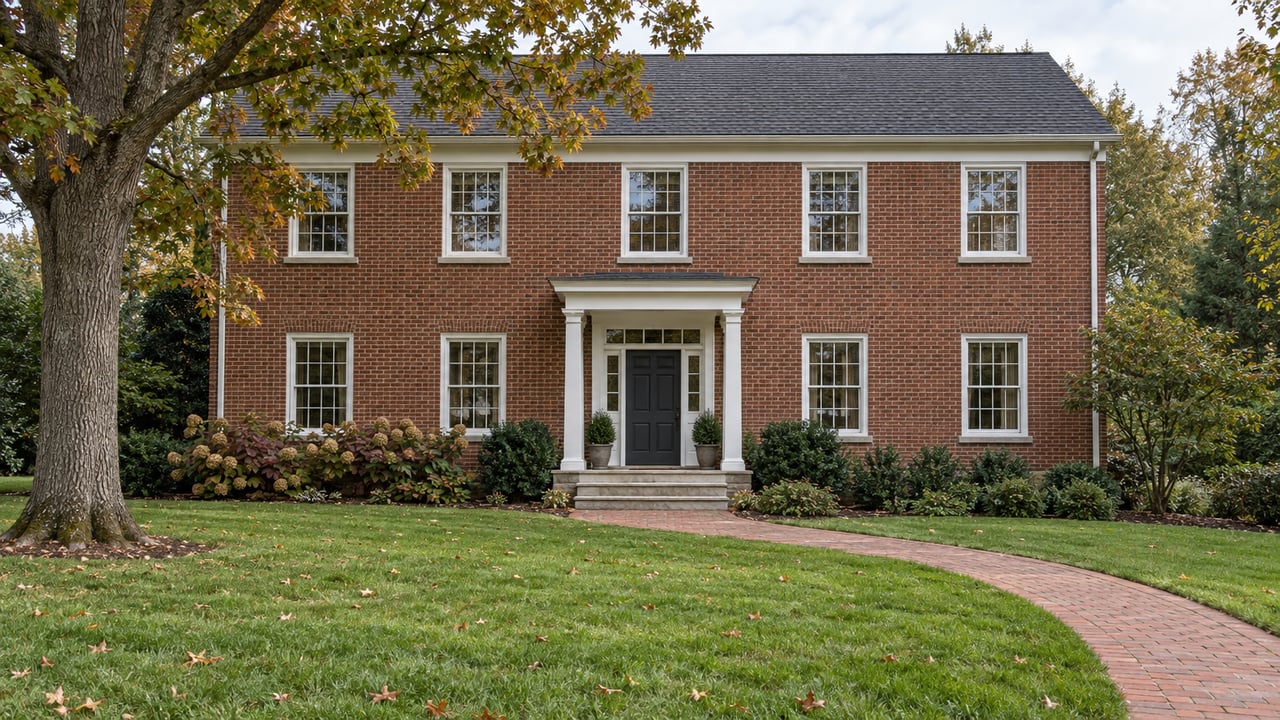 Two-story brick home with white trim, a deep green front lawn, brick entry walk, and an oak beginning to turn copper.