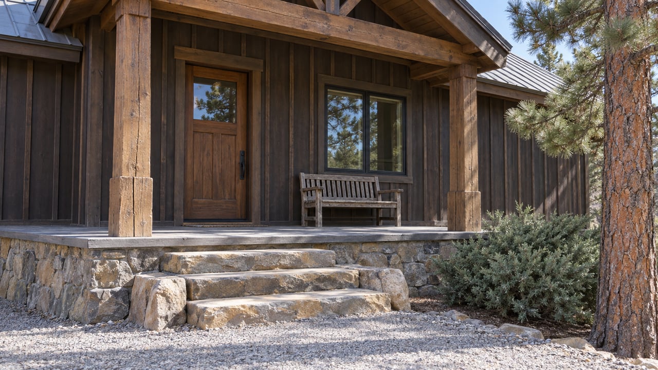 Dark timber cabin porch with stone steps, a cedar bench and a mature pine beside the approach.