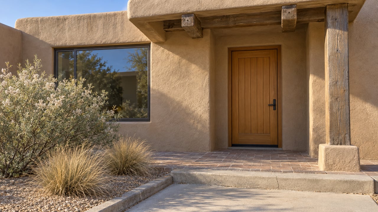 Earth-toned stucco home entry with timber portal beams, a wood door, brick paving and silvery flowering shrub beside a concrete walk.