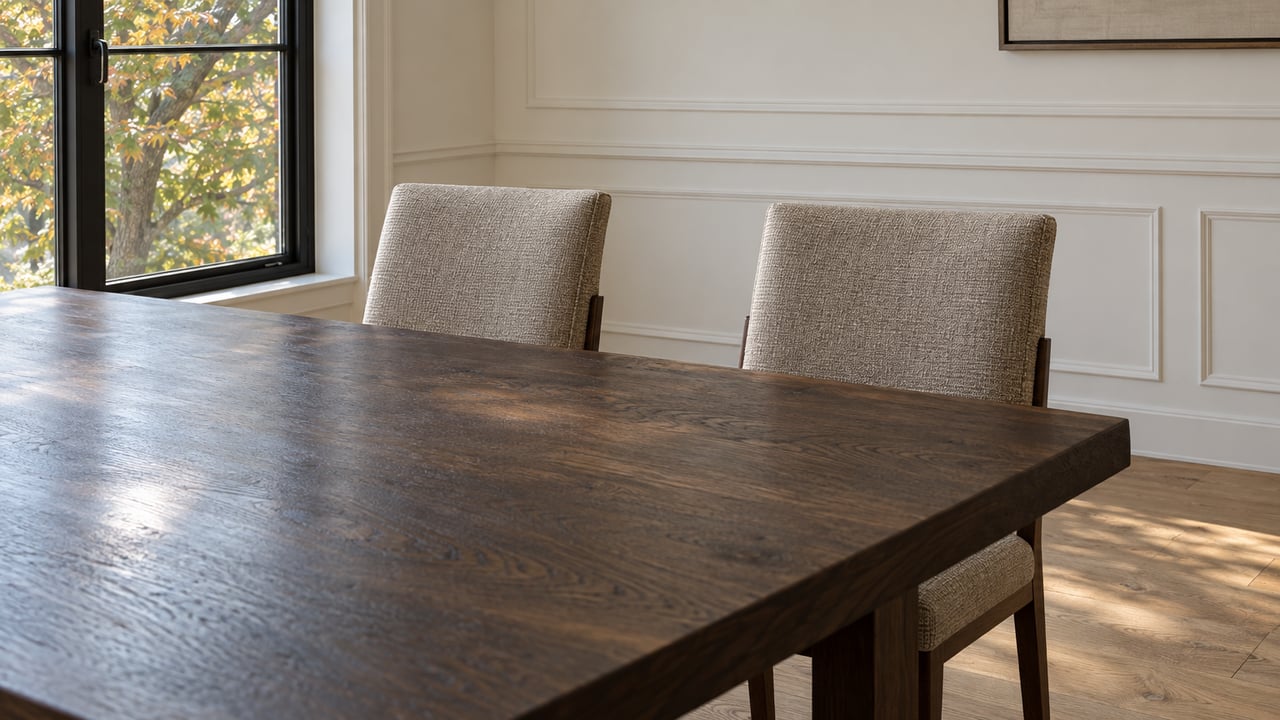 Dark-oak dining table and upholstered chairs beside a black-framed window with autumn leaves outside.