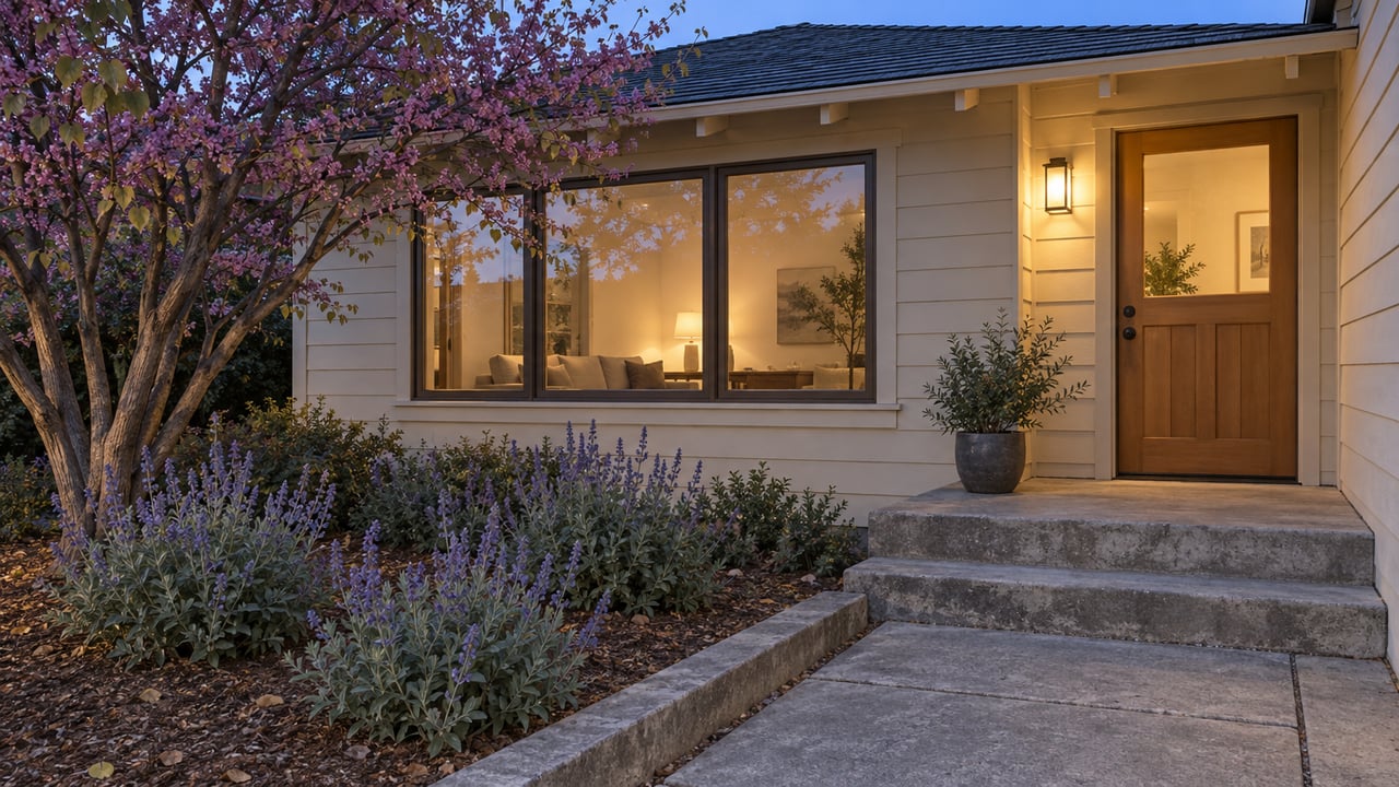 Blue-hour view across a compact planted front garden toward an ivory clapboard bungalow with warm windows and a wood front door.