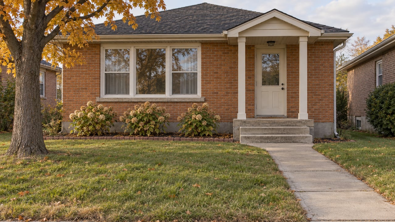 Brick bungalow with a cream-painted covered entry, three-part front window, mature maple, and a concrete walk across the front lawn.