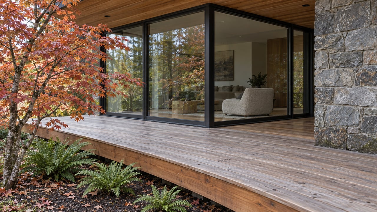 Modern home with a wide wood deck, floor-to-ceiling windows, stone wall, and autumn maple tree.