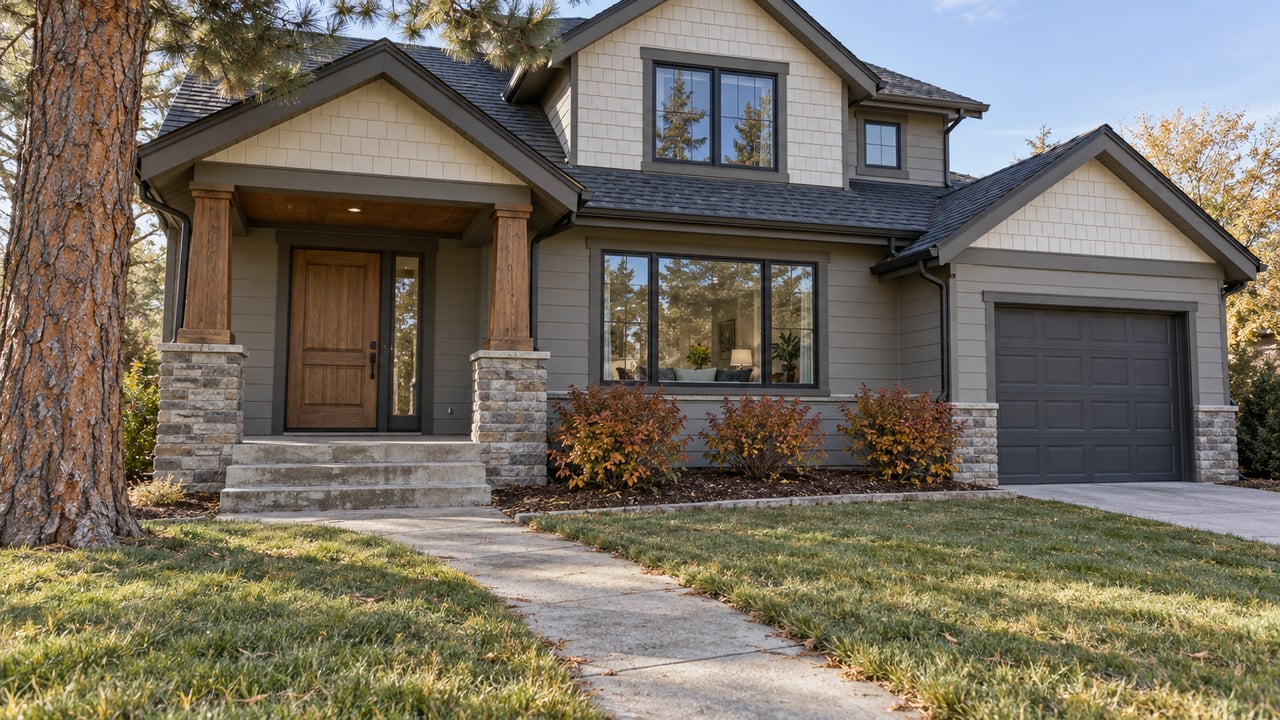 Gabled home with gray siding, stone porch bases and a broad autumn lawn beneath a mature pine.