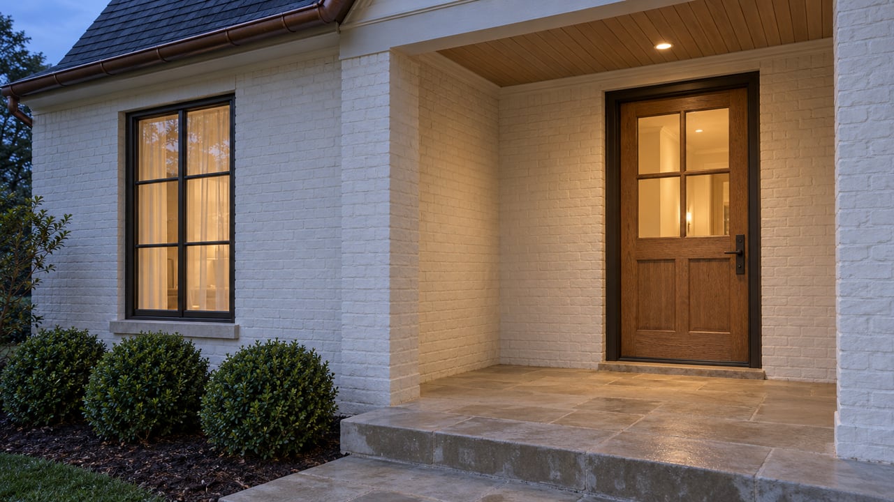 A covered white-painted brick entry with a warm oak door, divided-light window and limestone porch at blue hour.