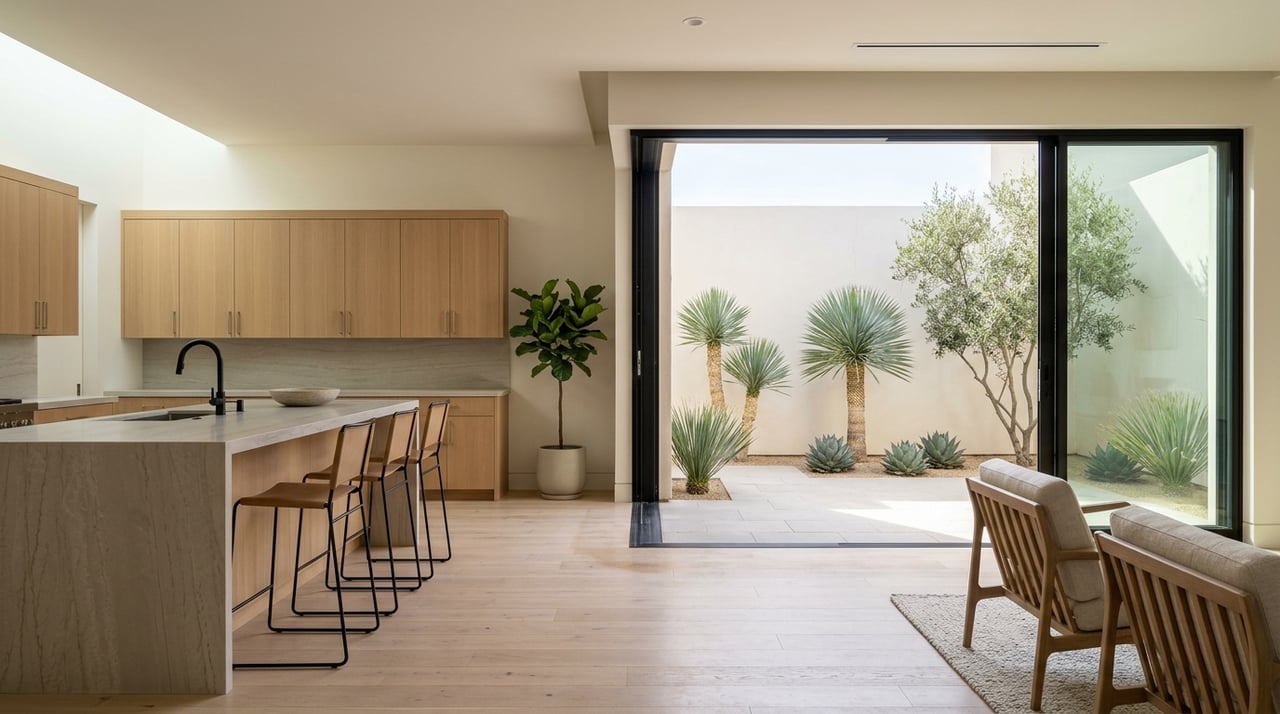 Great room and kitchen with black frames, white oak, quartzite counters, and a xeriscaped courtyard.