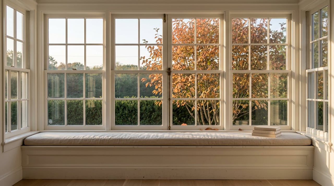 White window seat with linen cushion and books overlooks a clipped yew hedge and autumn-colored serviceberry.