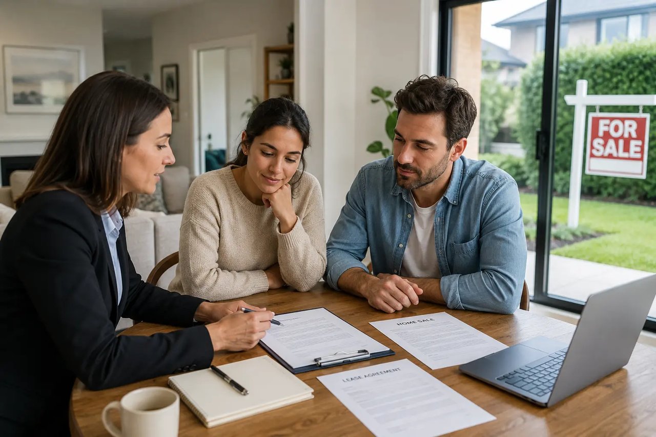 Landlord reviewing a lease and real estate documents while preparing to sell a tenant-occupied home.