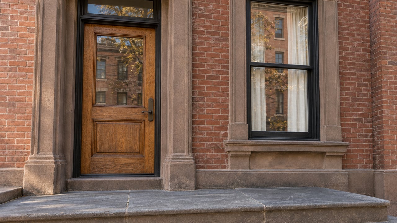 Close view of a white-oak townhouse entrance with red brick, a brownstone surround and a worn bluestone stoop.