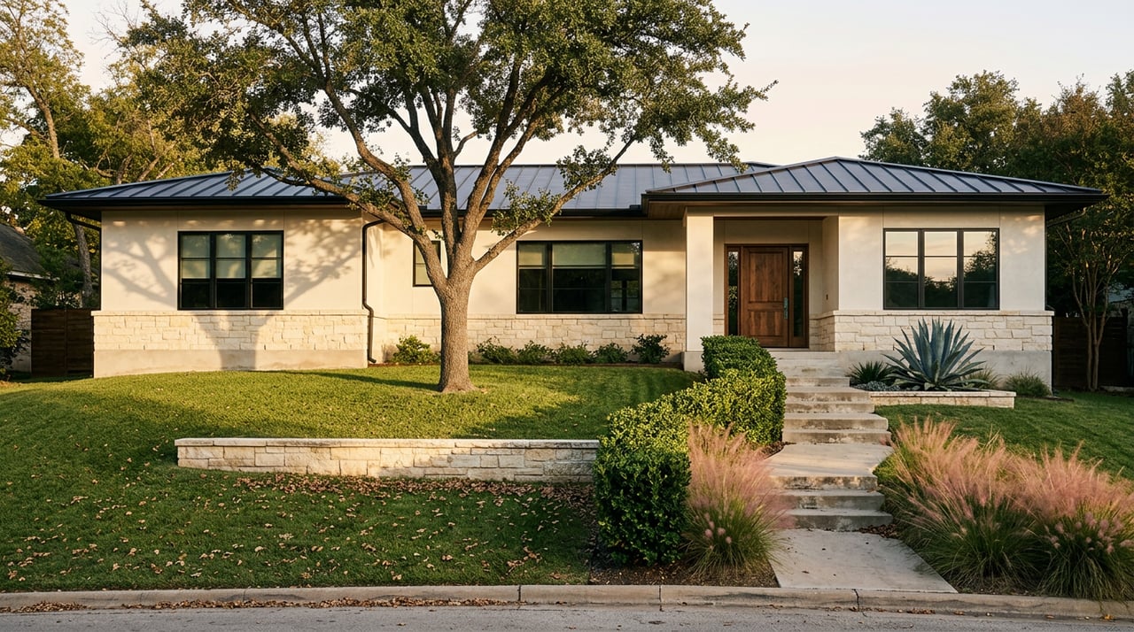 Single-story limestone and stucco home with a black metal roof, sloped lawn, and broad-canopied oak.