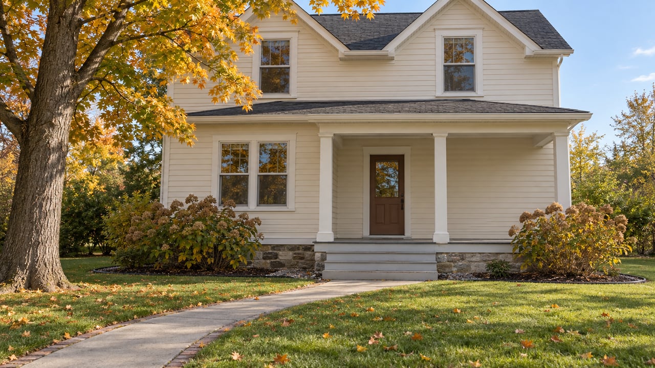 Ivory clapboard house with a covered front porch, deep lawn and a mature maple turning yellow and orange.
