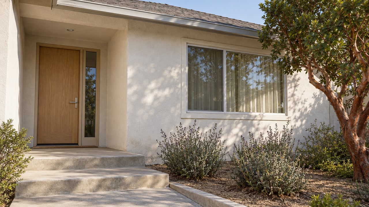 Warm-white stucco home entry with an oak door, broad window, concrete steps and a sculptural strawberry tree in soft afternoon light.