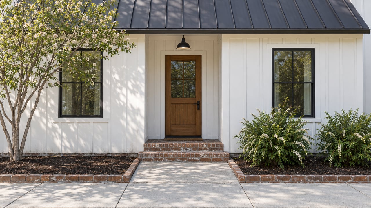 White board-and-batten house with a wood entry, brick steps, and serviceberry beside the sidewalk.