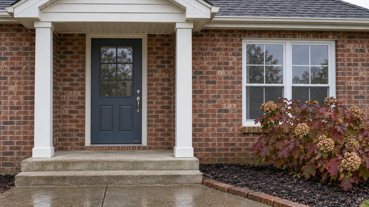 Covered entrance of a red-brown brick home with a slate-blue door, white-framed window, concrete steps, and an oakleaf hydrangea with autumn foliage.