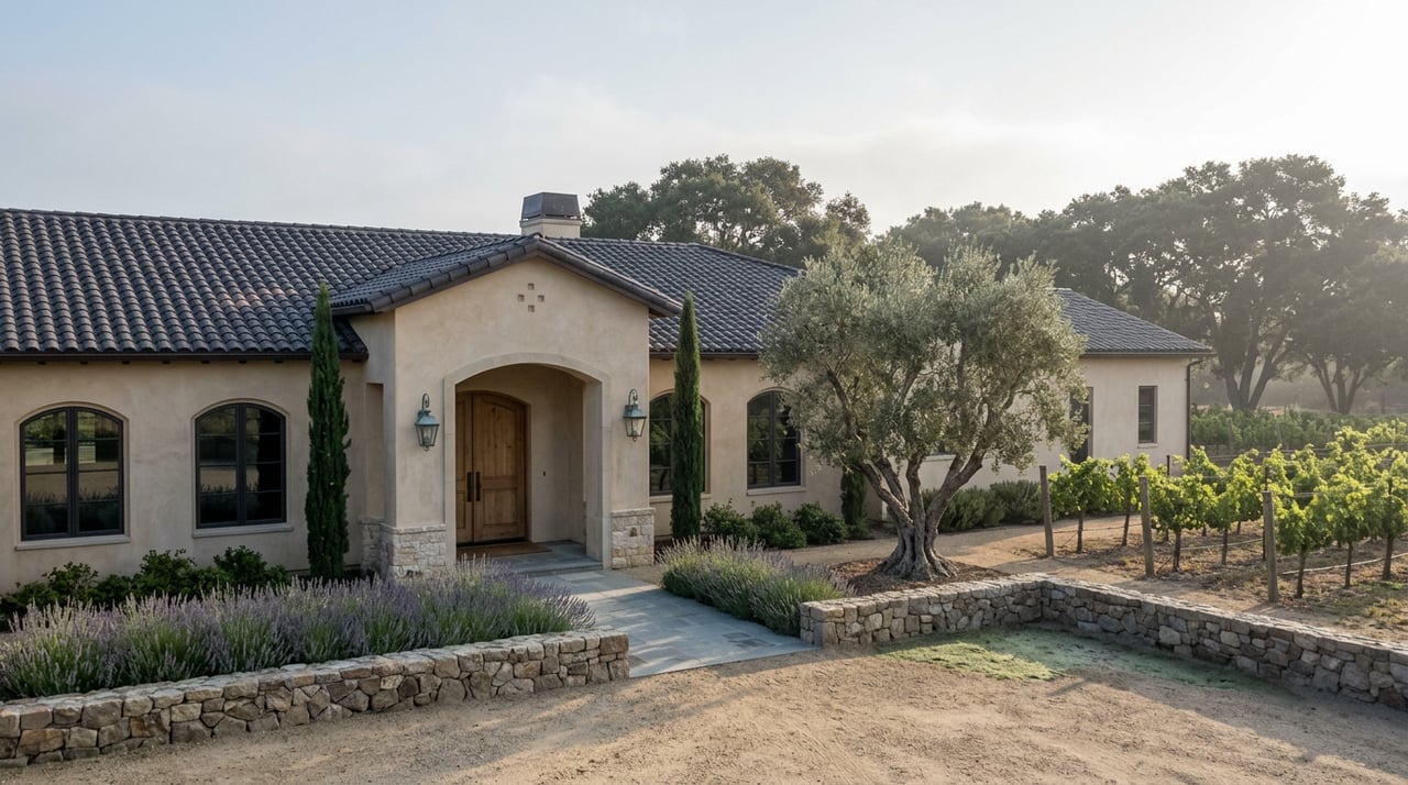 Mediterranean estate with a stone courtyard, olive tree, and grapevine rows leading to a tree line.