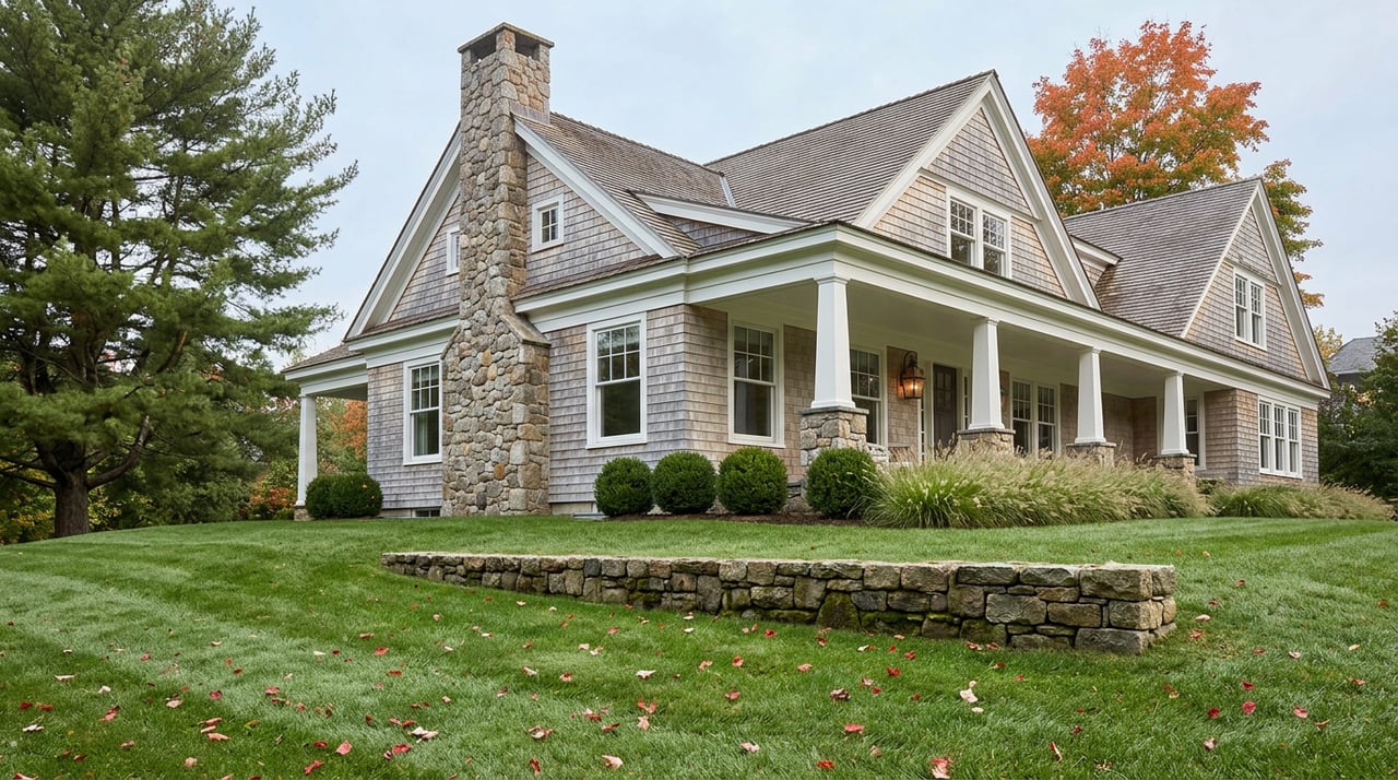 Shingle-style house with a stone chimney and covered porch beyond a terraced lawn scattered with red maple leaves.