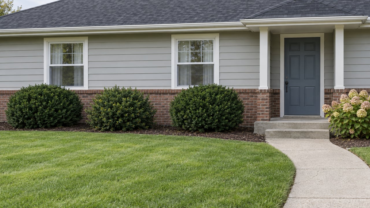 Well-kept single-story home with pale gray siding, brick base, a blue front door, lawn and flowering foundation shrubs.