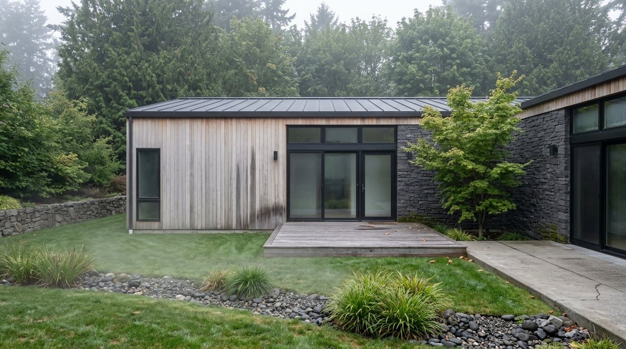 Cedar-and-basalt home beyond a foggy lawn, with a cobbled rain swale and multi-stem tree.