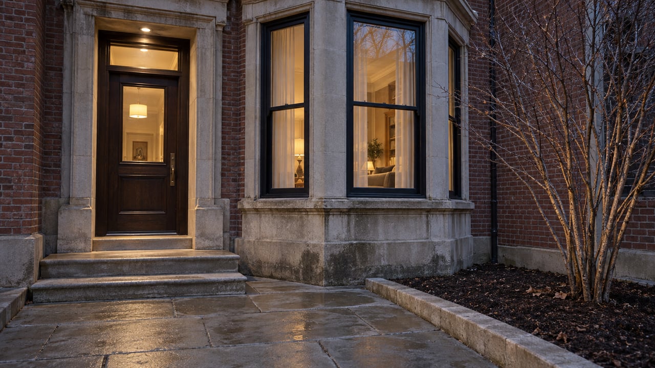 Winter dusk on a red-brick home with a limestone window bay, warm closed windows, an oak entry door and a damp stone approach.