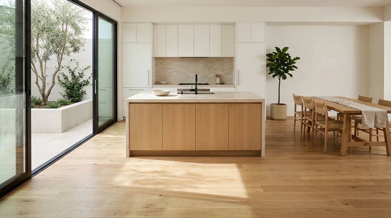 Kitchen and dining area opening onto a courtyard, with luxury finishes.