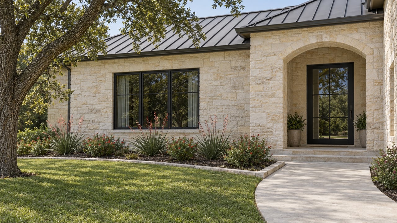 Limestone home with a recessed arched glass entry, black-framed window, broad lawn and a curved concrete approach beneath a mature oak.