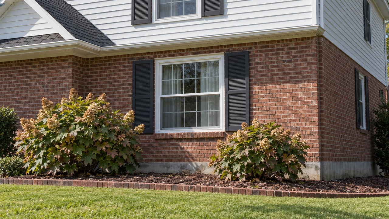 Close view of a brick-and-white-siding home with dark shutters, oakleaf hydrangeas, and a neatly edged lawn in daylight.