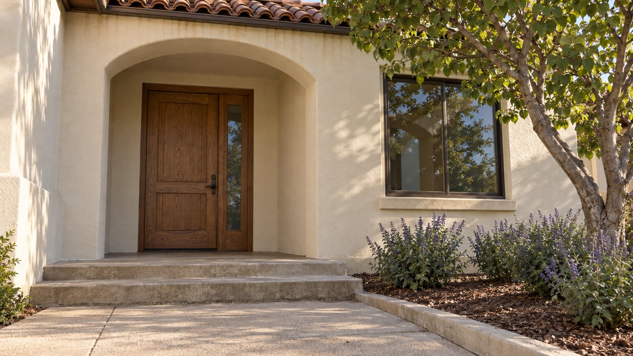 Cream stucco home with a recessed arched oak entry, clay roof tiles, concrete steps and a flowering shrub bed beneath a branching tree.