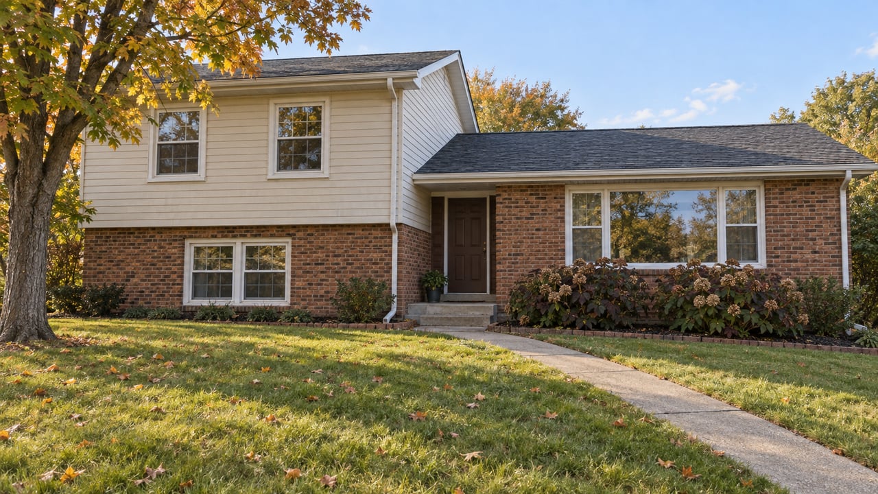 Brick-and-cream split-level home above a broad autumn lawn, with a mature maple and a concrete walk leading to the recessed entrance.