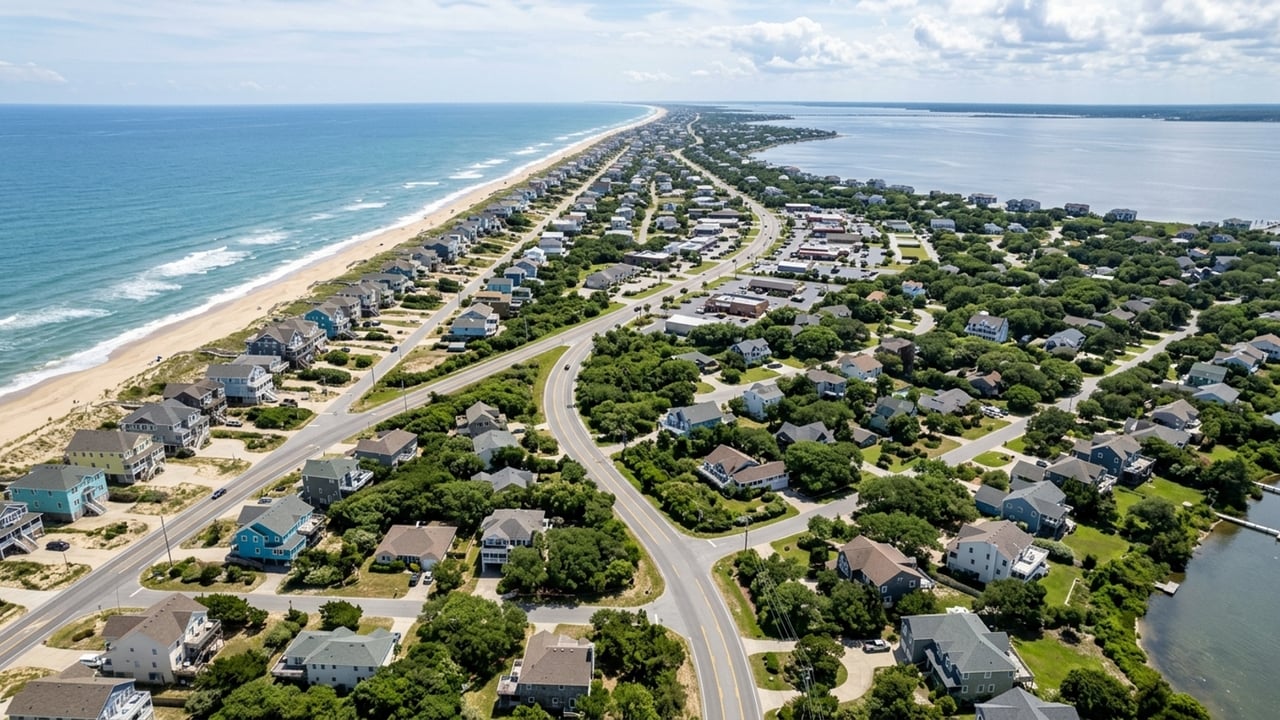 Coastal neighborhood between the ocean beach and sound, with homes along winding roads.
