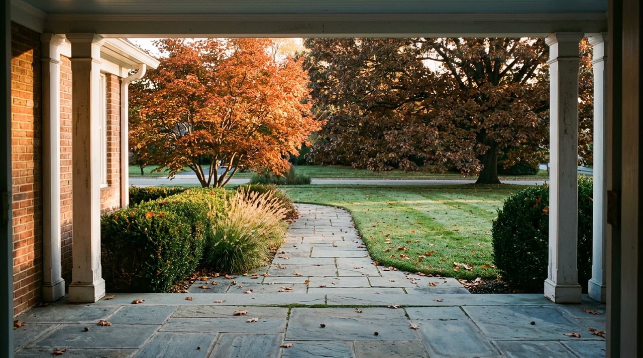 Bluestone walkway crosses a lawn toward an orange-red maple, framed by white portico columns and bronze autumn foliage.