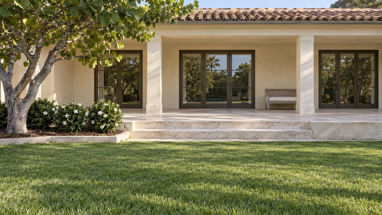 Cream stucco estate with bronze-framed glass doors, a shaded limestone veranda, and broad steps opening onto a deep green lawn.