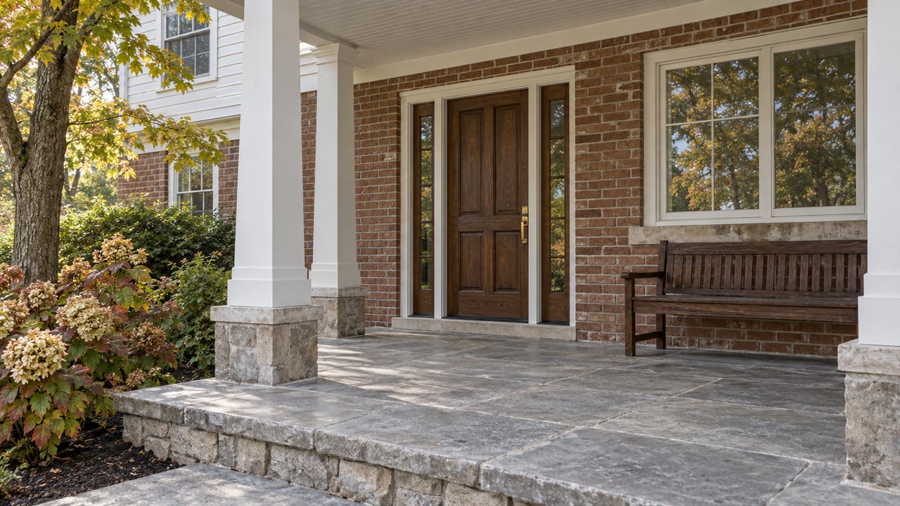Brick and white clapboard home with a limestone front porch, wood entry door, matching sidelights and autumn maple foliage.