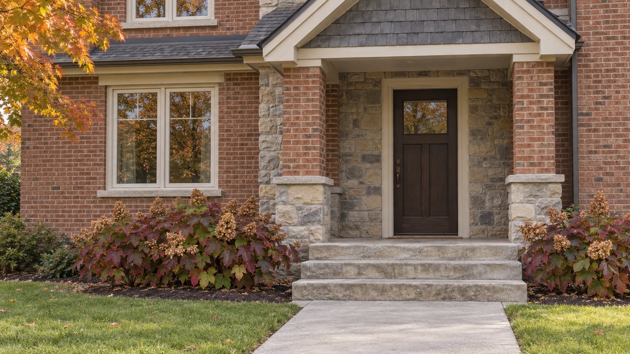 Brick-and-limestone home entrance with a steep gabled porch, cream casement window, stone steps, and autumn maple foliage.