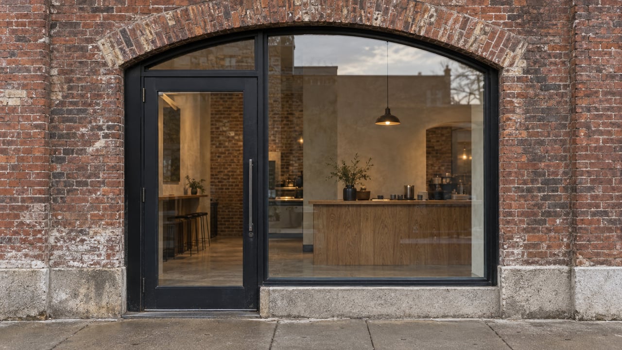 Aged brick commercial facade with an arched black steel-and-glass entrance and a warm pendant visible inside.