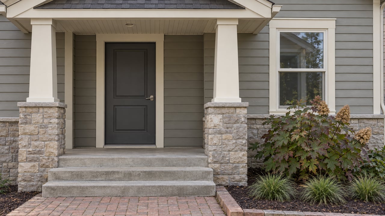 A sheltered gray-sided home entry with cream columns, limestone plinths, brick approach and autumn oakleaf hydrangea.