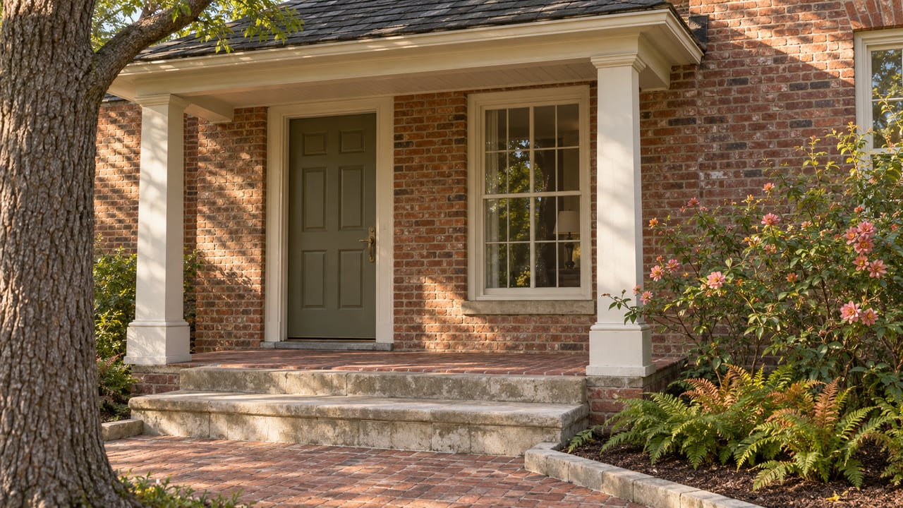 Morning light on a traditional brick home's covered porch, olive front door, limestone steps, and copper-pink roses.