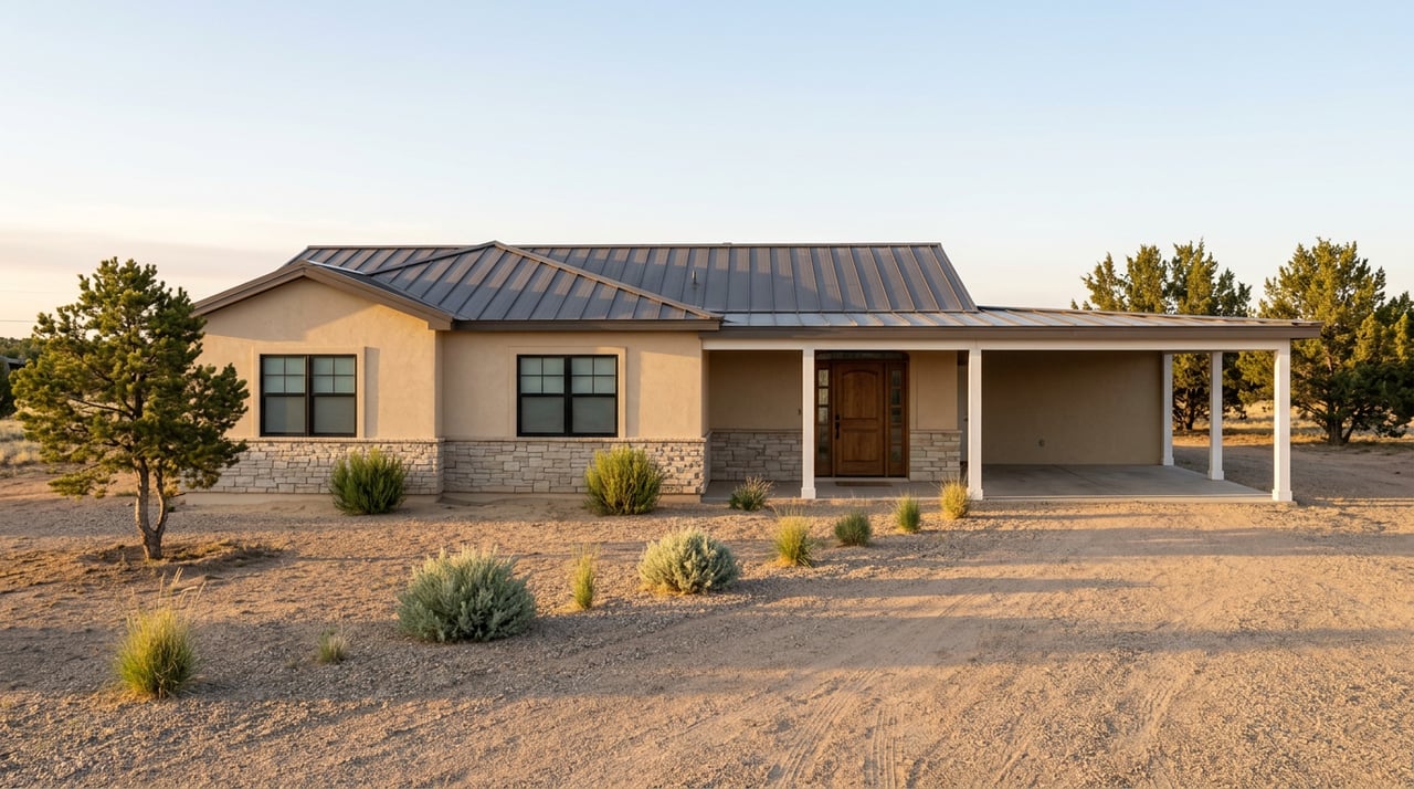 Tan stucco home with an arched wooden entry and open carport beyond a gravel yard.