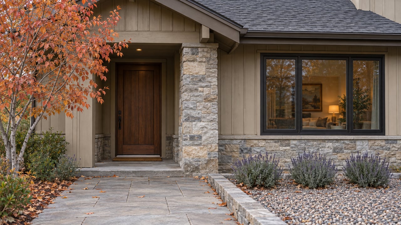 House entry with a walnut-brown door, stone porch column, and dark-framed window beside russet-leaved branches.