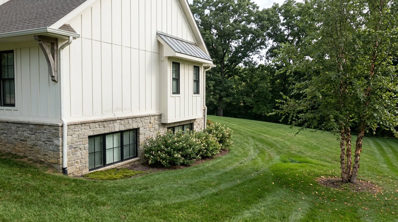 Large home with stone lower level and white siding above, overlooking a sloping lawn beneath mature trees.