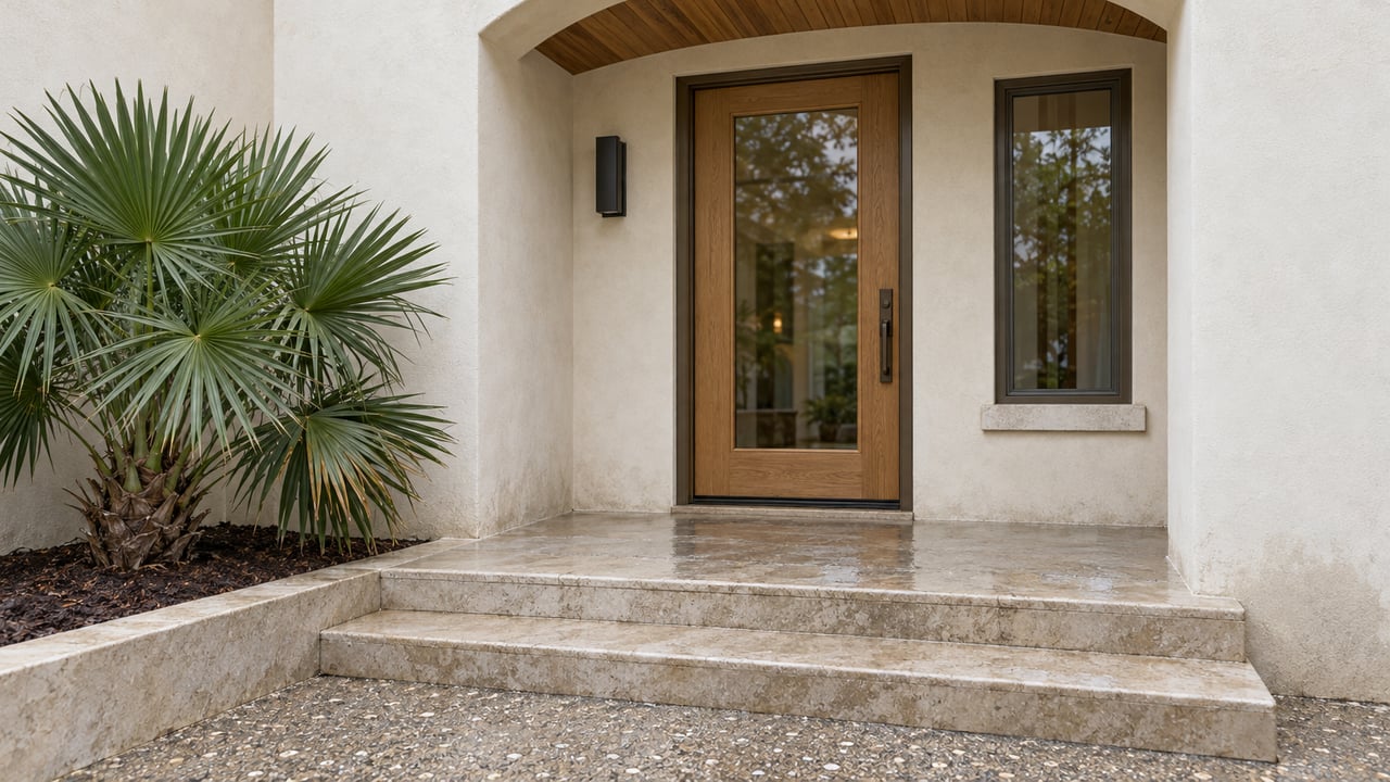 Cream stucco home entry with an arched wood-lined recess, glazed oak door, limestone steps, and a single dwarf palmetto after rain.