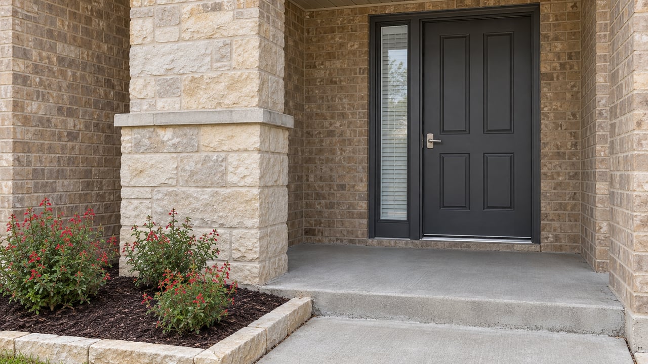 Close view of a charcoal front door recessed into sand-colored brick, beside a limestone porch pier and three flowering autumn sage plants.