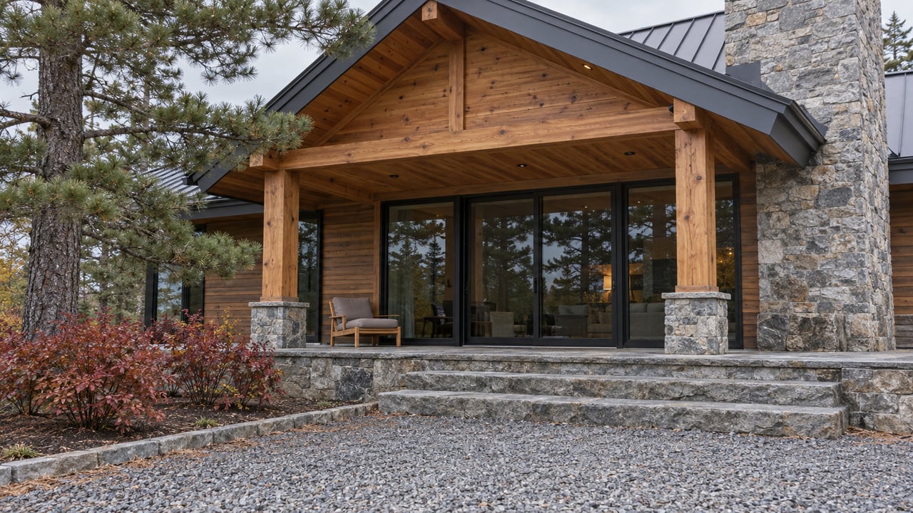 Cedar-and-stone home with a timber-gabled covered terrace, closed black-framed glazing, and broad stone steps beside autumn huckleberry shrubs.
