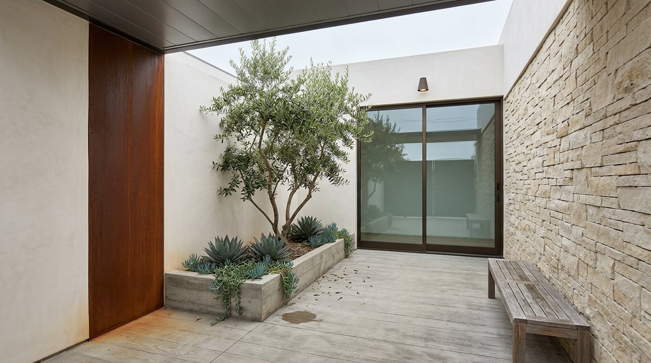 Compact entry courtyard with an olive tree, agaves, corten panel, stone wall, and bronze-framed glass door.